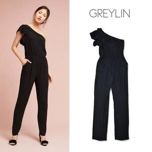 Greylin Ruffled One Shoulder Jumpsuit Black Size Medium